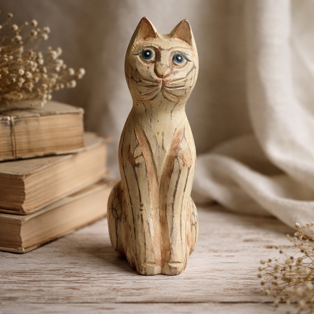 Hand Carved Wooden Cat Figurine – Rustic Folk Art Decor
